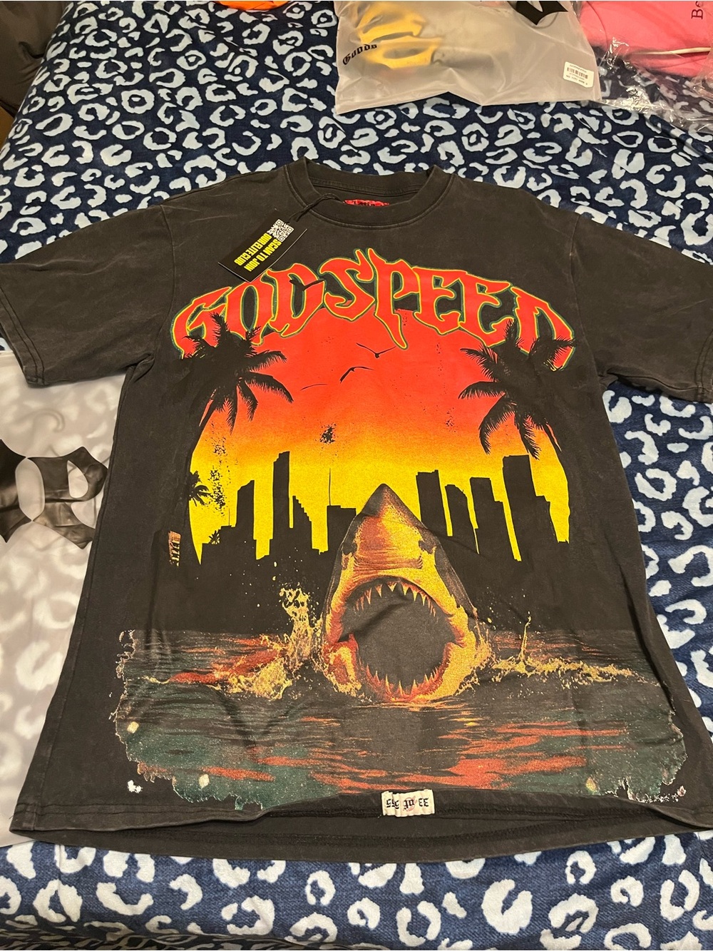 Godspeed Black Short-Sleeve Graphic Tee with Sunset Shark Artwork